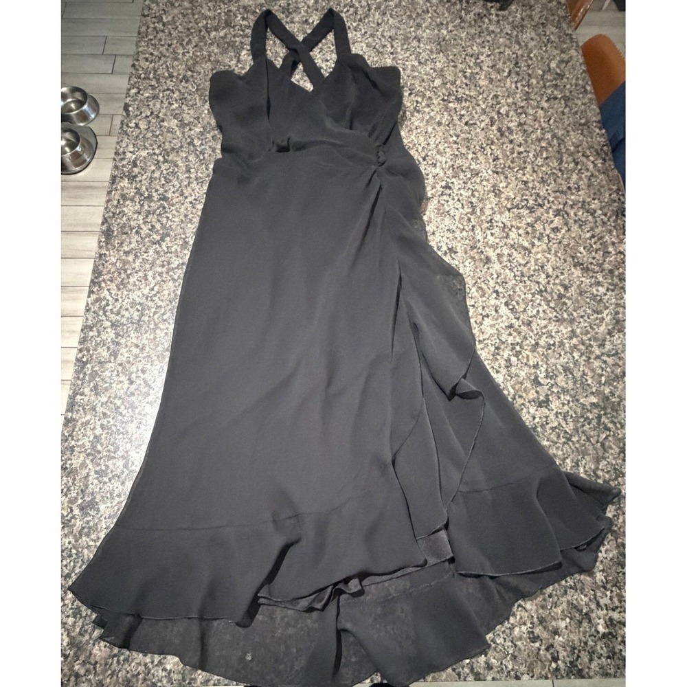 Bisou Bisou Michele Bohbot Black Wrap Maxi Dress High Low Ruffle Cross Back 6
